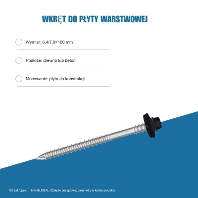 Wkręt do płyty warstwowej Info-GLOBAL ARW 0 CSG 6,4/7,0×100 mm, kolory RAL, 100 szt.